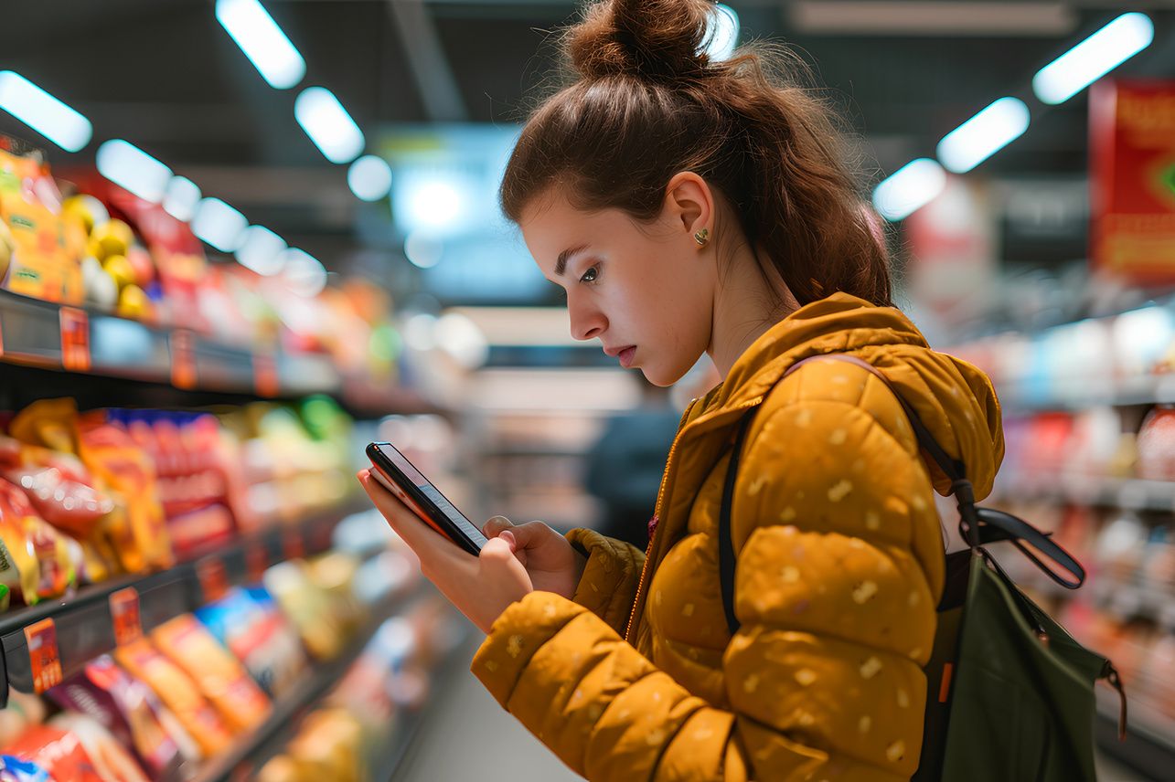 Девушка выбирает продукты в супермаркет